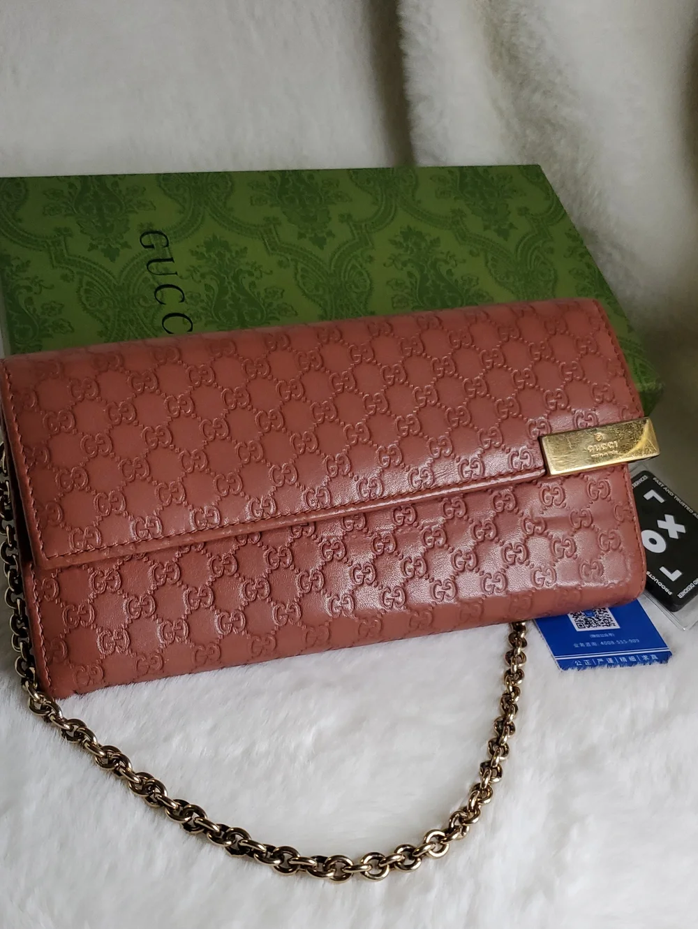 Gucci Coral Embossed GG Leather Chain Clutch with Gold Hardware